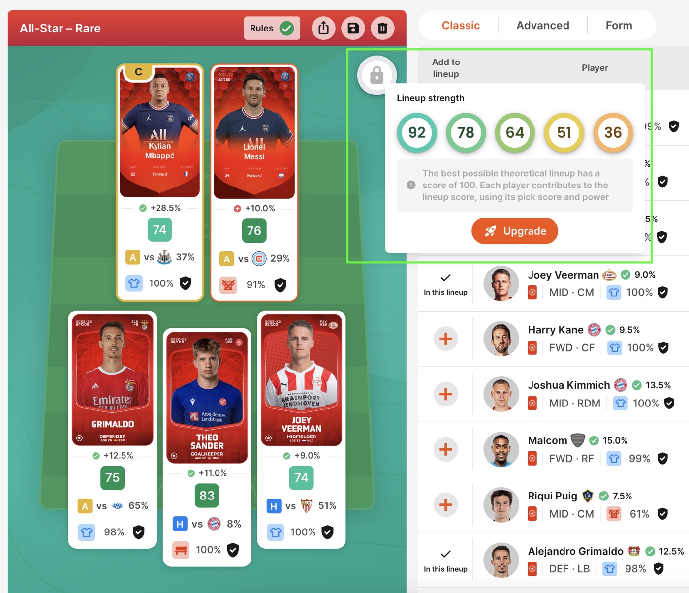 Le lineup builder, avec le popover « Lineup strength » verrouillé pour le free plan